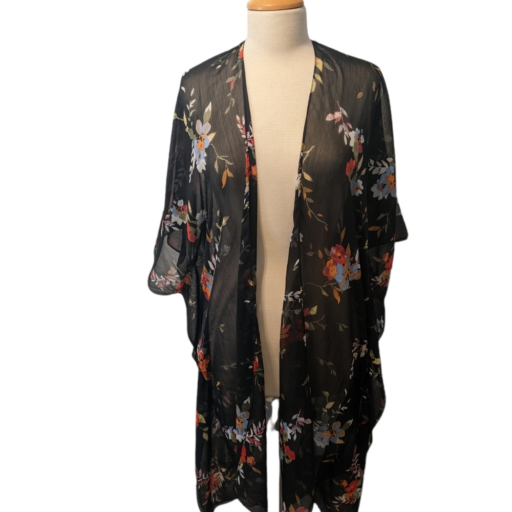 Black Floral Kimono/Duster with Batwing Sleeves One Size Fits Most